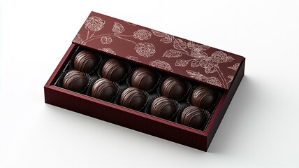 Photorealistic ad of a luxury chocolate truffle box with rich, dark chocolate and elegant packaging
