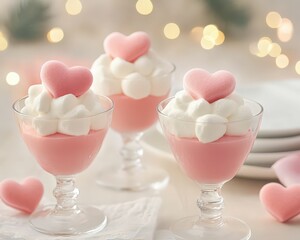 Delicious mini marshmallow hearts on whipped cream cozy kitchen dessert photography festive atmosphere top view sweet treat concept