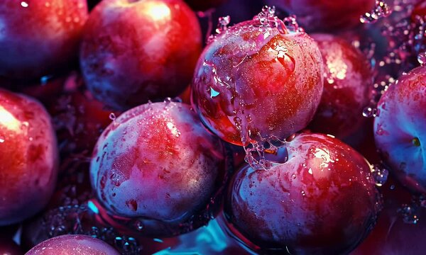 the history of plum , in the style of high-resolution photography, with bright colors, natural lighting, a high-angle view, and a vibrant, natural atmosphere.