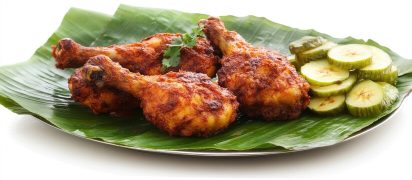 Spicy Chicken 65 served on banana leaf with rotti and cucumber slices showcasing Indian culinary tradition and flavor.