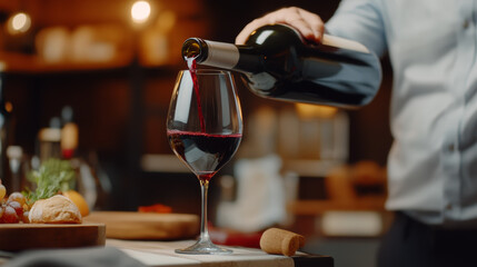 Wine is poured into a glass during a fine dining experience in an elegant restaurant setting
