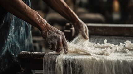 A craftsman skillfully works with fibers, showcasing traditional textile production techniques.
