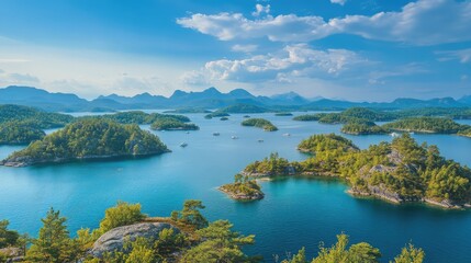 Obraz premium Breathtaking summer view of over 30,000 unique islands surrounded by vibrant blue waters and stunning mountainous scenery.