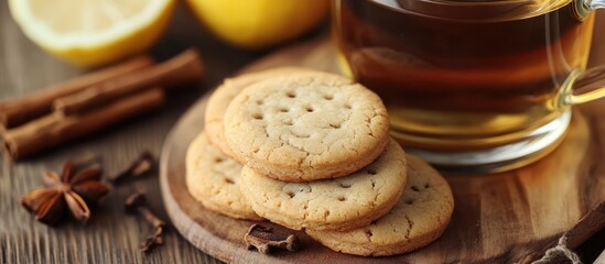 Homemade cookies with cinnamon and lemon tea on wooden table close up sweet snacks and aromatic beverages cozy food setting