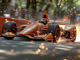 Formula 1 Car Racing Through City Street Circuit with Sparks Flying from Rear at High Speed During Intense Competition Event