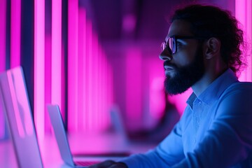  Digital transformation enhanced by integration and AI, a modern workspace with diverse professionals collaborating through AI-assisted interfaces.