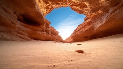 A stunning image of a golden-hued desert canyon under a bright, expansive blue sky, capturing the...