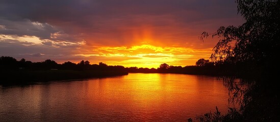 Obraz premium Scenic sunset skyline reflection over calm river with silhouetted trees and vibrant orange and purple hues in the sky
