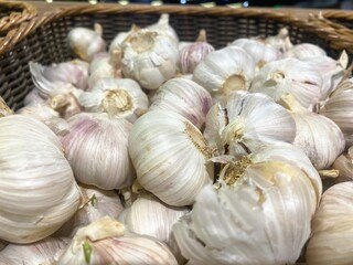 A stack of garlic from the market or grocery store