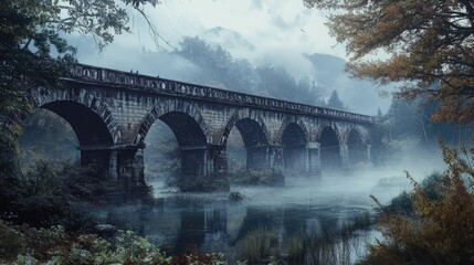 Misty atmosphere around an ancient stone bridge reflecting in a serene river surrounded by lush greenery and autumn foliage