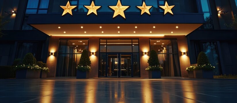Hotel entrance illuminated at dusk showcasing five golden stars indicating luxury accommodation quality.
