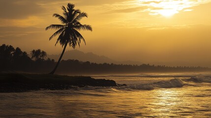 Coconut palm silhouette against a vibrant golden sunset with gentle waves lapping the tranquil shore creating a serene tropical scene