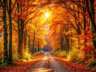Fototapeta premium Autumn Forest Road Photography: Colorful Fall Foliage, Woodland Path, Nature Scenery