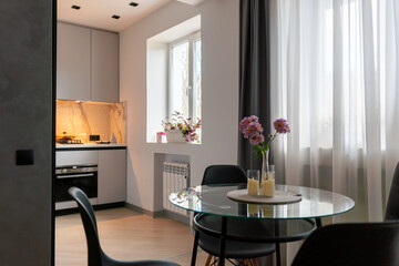 Modern Apartment Kitchen Dining Room Design: Glass Table, Interior Decor, Contemporary Style