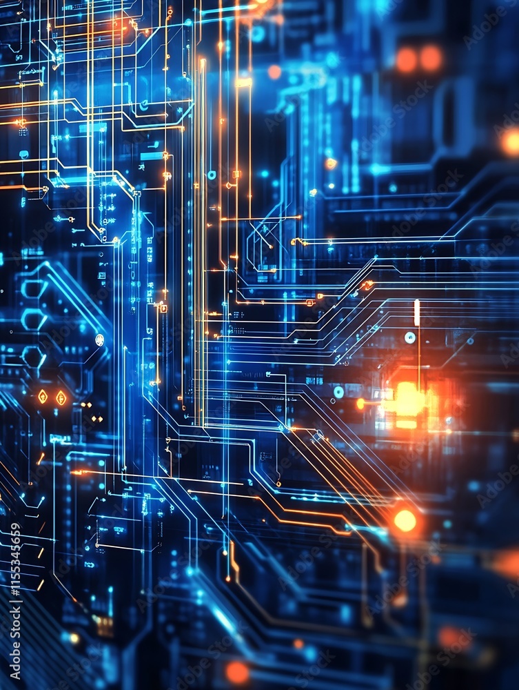 Poster futuristic blue circuit board technology background with glowing digital elements : generative ai