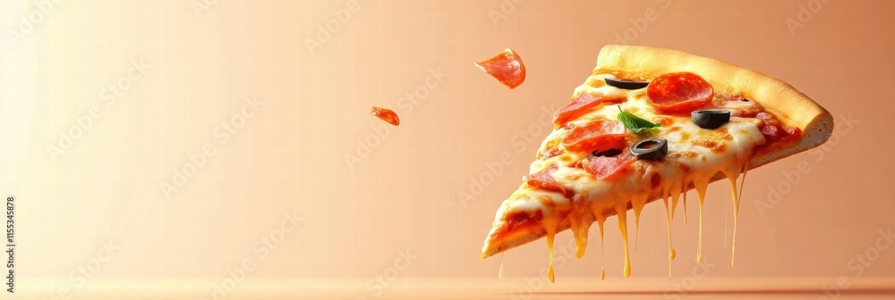 Aufkleber delicious pizza slice with colorful toppings and cheese drips in a minimalist setting for mockup des