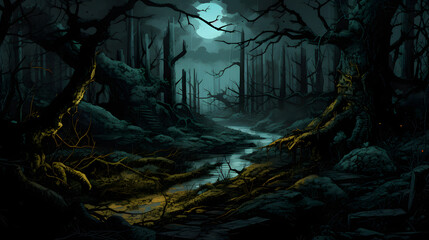 Fototapeta premium Digital mythology comic dark forest graphics poster background