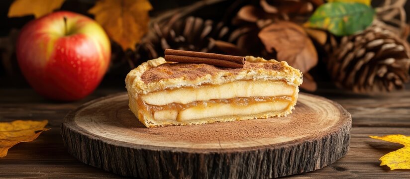 Cinnamon apple pie slice on rustic wooden board with fresh apple and autumn leaves perfect for seasonal food themes and baked goods.