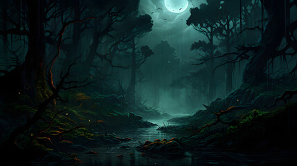 Obraz premium Digital mythology comic dark forest graphics poster background