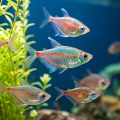 Fototapeta premium Colorful Neon Tetra Fish in a Vibrant Aquarium with Lush Greenery Background
