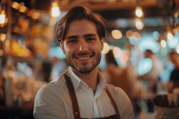 Fototapeta premium A cheerful young man with a beard is smiling in a cozy cafe bar with warm lighting and a relaxed atmosphere.