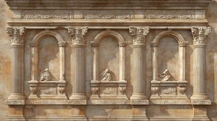 Obraz premium Ancient Temple Facade Featuring Ornately Carved Windows and Classical Columns