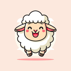 Simple Cute Happy Bold Cartoon Illustration Of Sheep with Fluffy Wool Round Cheeks and Joyful Expression Set Against a Minimalist Beige Background