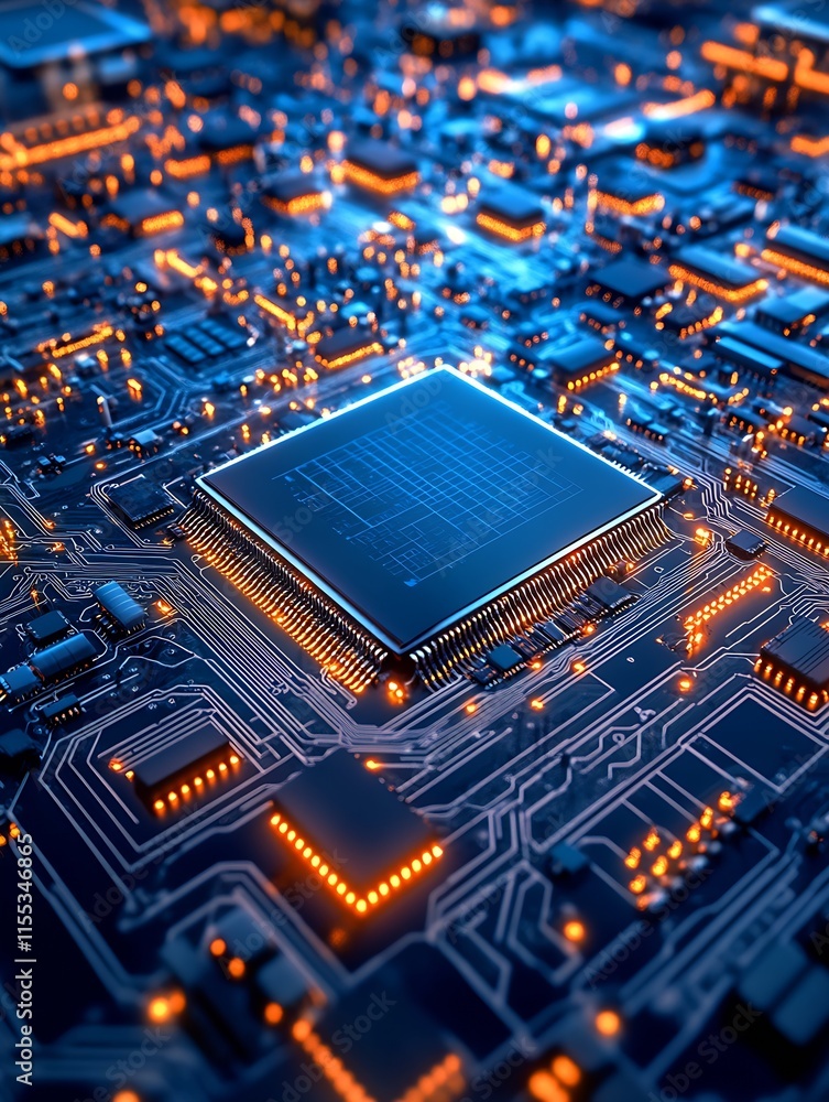Aufkleber Futuristic microchip with illuminated circuits in a complex pattern glowing with blue orange lights on a board : Generative AI