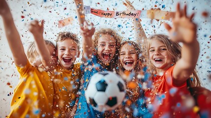 Joyful kids celebrating birthday with confetti and soccer ball.
