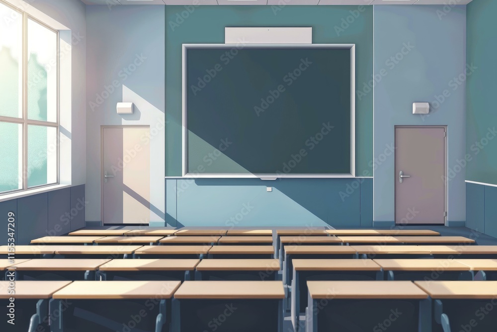 Poster empty classroom with desks and chalkboard bathed in sunlight, ready for students to learn and grow