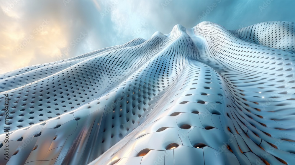 Poster abstract 3d rendering of a futuristic, undulating metallic surface with perforated patterns against 