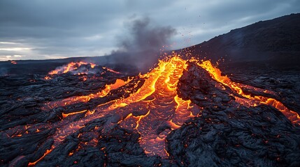 Fototapeta premium Dynamic Volcanic Lava Flow on Dark Rock Earth in Natural Eruption : Generative AI