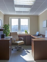 Fototapeta premium Minimalistic Office Workspace With Contemporary Furniture and City View : Generative AI