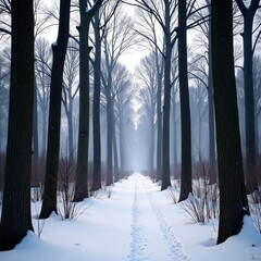 Forest path leading through a thicket of bare trees, forest, snow, cold