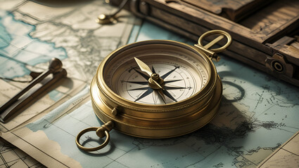 Golden compass on an old wooden table, pointing towards the north, Generative AI