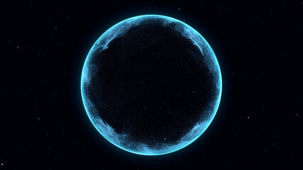 Bright glowing magic 3d sphere. Animated snow orb of shining blue and white glow particles seamlessly flowing.Magical Christmas decoration . Cyber and futuristic style background 4K