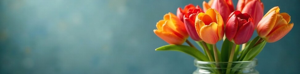 Naklejka premium Tulips in a glass vase with water droplets on the outside, shine, water, flowers