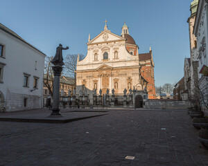 Naklejka premium Krakow, Poland - 03.23.2020: View of Saints Peter and Paul Church during golden hour