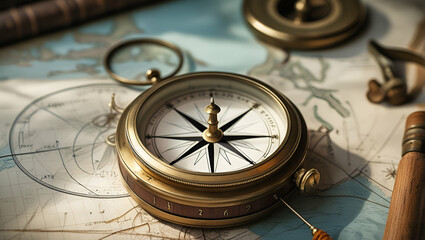 Golden compass on an old wooden table, pointing towards the north, Generative AI