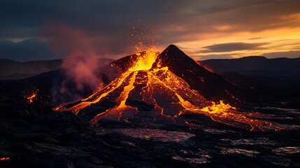 Fototapeta premium Spectacular Lava Fountain from Volcanic Eruption Illuminating Twilight Landscape with Glowing Colors : Generative AI