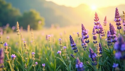 Naklejka premium Tall grasses and lavender plants sway gently in the breeze, gentle wind, wildflowers