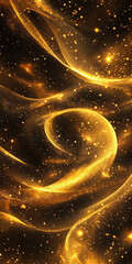 Abstract gold swirls and stars on black background with shiny texture and glowing light effects. This design is suitable for mobile phone screen or vertical banner.