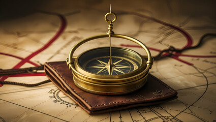 Golden compass on an old wooden table, pointing towards the north, Generative AI