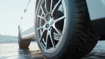 car wheel with alloy rim, visible brake caliper, and intricate tire tread