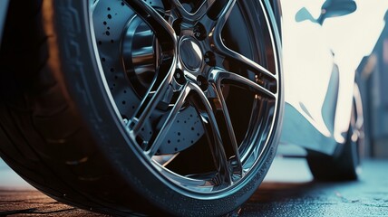 car wheel with alloy rim, visible brake caliper, and intricate tire tread