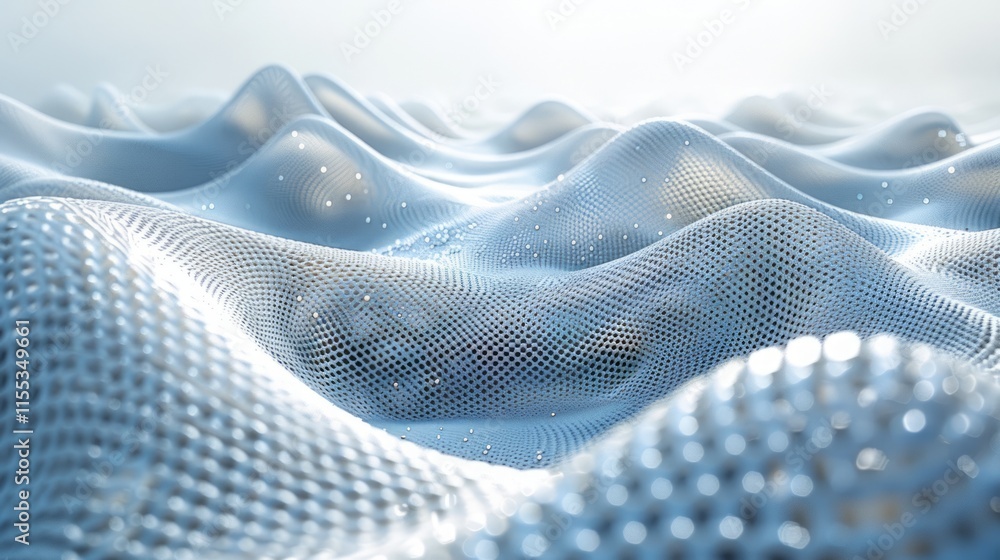 Poster abstract wavy surface with light blue grid pattern and glowing dots.