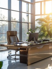 Fototapeta premium Luxurious Modern Office Workspace with Large Windows and Natural Lighting : Generative AI