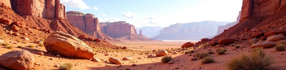 Naklejka premium Rocky terrain with red rock formations amidst desert landscape, canyons, arid land, rocky terrain