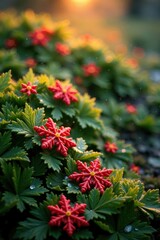 Red and yellow colored red snowflakes scattered on green grass, winter, red, nature