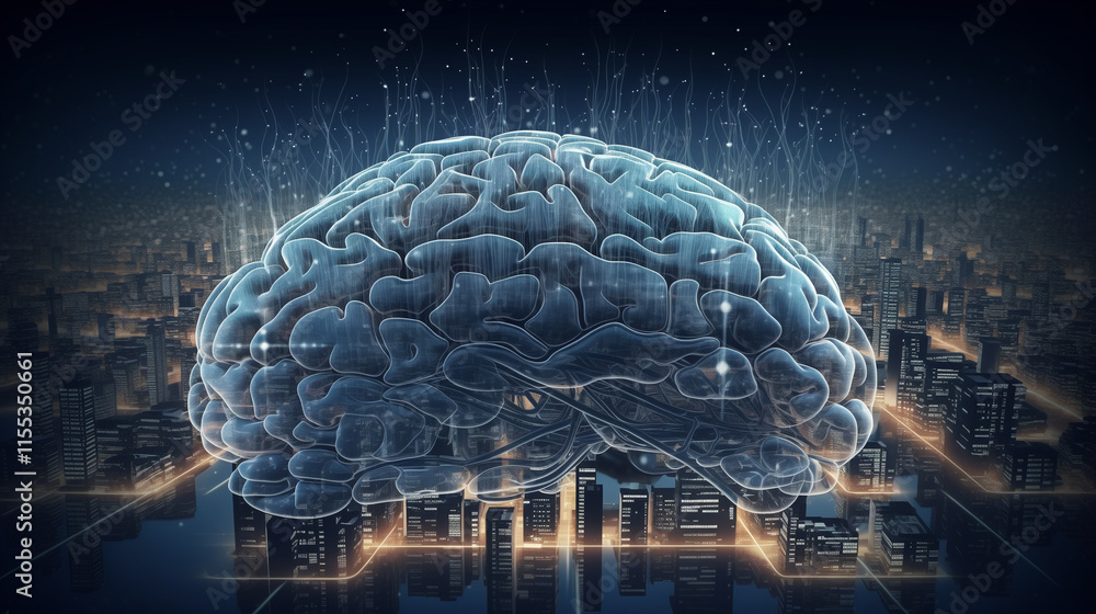 Poster a translucent brain hovers over a futuristic city, data streams connecting both. represents ai, neur